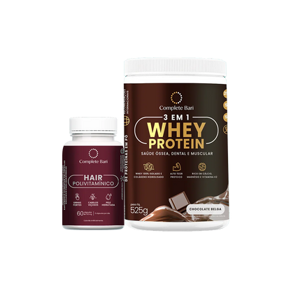 Kit 1 Polivitaminico Cabelos e Unhas + 1 Whey Isolado Chocolate Belga Complete Bari