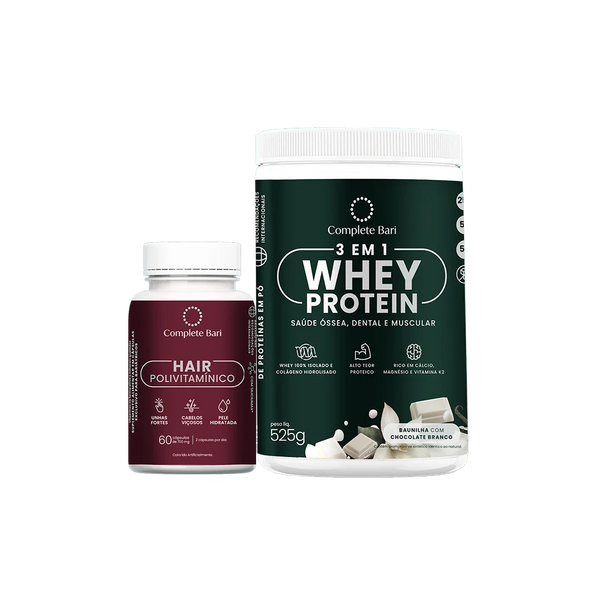 Kit Polivitamínico Cabelo e Unhas + Whey Protein Baunilha com Chocolate Branco