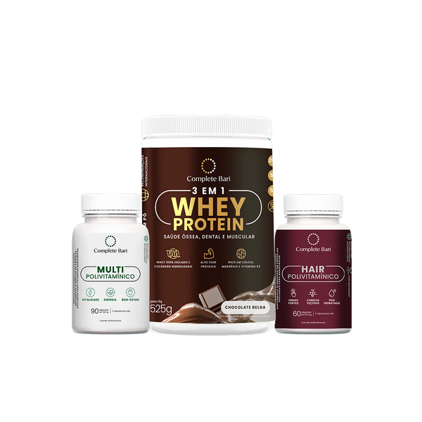 Kit Multivitamínico + Polivitamínico Cabelo e Unhas + Whey Protein Chocolate Belga