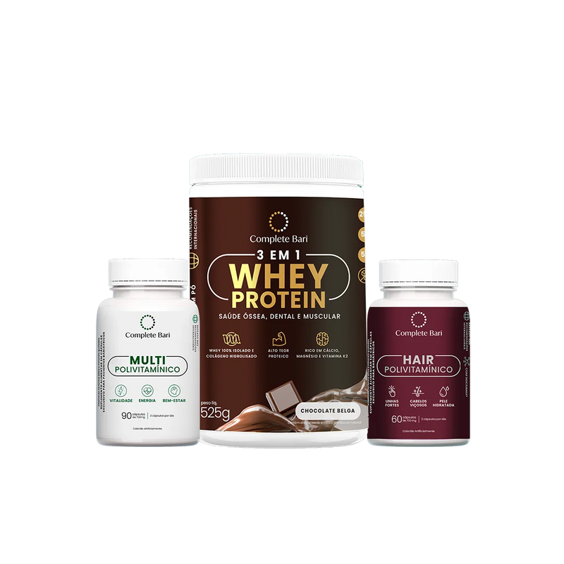 Kit Multivitamínico + Polivitamínico Cabelo e Unhas + Whey Protein Chocolate Belga