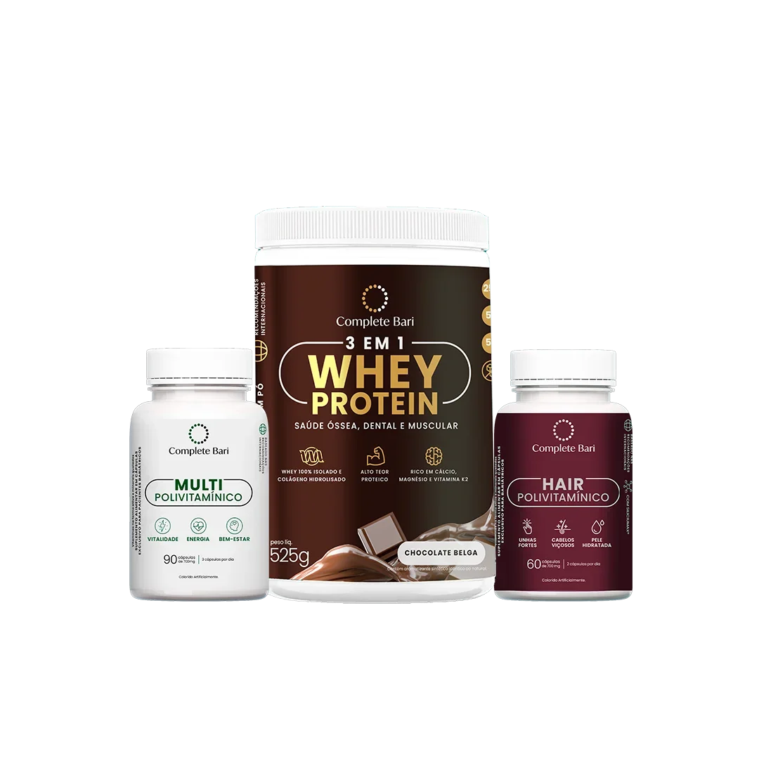 Kit Multivitamínico + Polivitamínico Cabelo e Unhas + Whey Protein Chocolate Belga