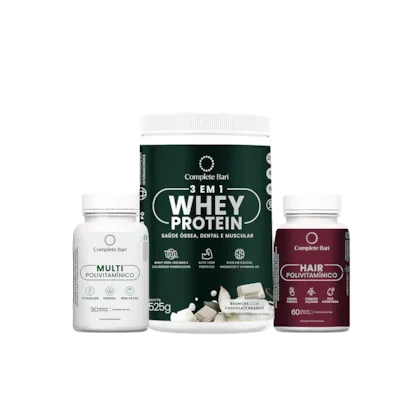 Kit Multivitamínico + Polivitamínico Cabelo e Unhas + Whey Protein Baunilha com Chocolate Branco
