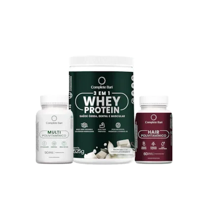 Kit 1 Multi + 1 Polivitaminico Cabelos e Unhas + 1 Whey Isolado Baunilha com Chocolate Complete Bari