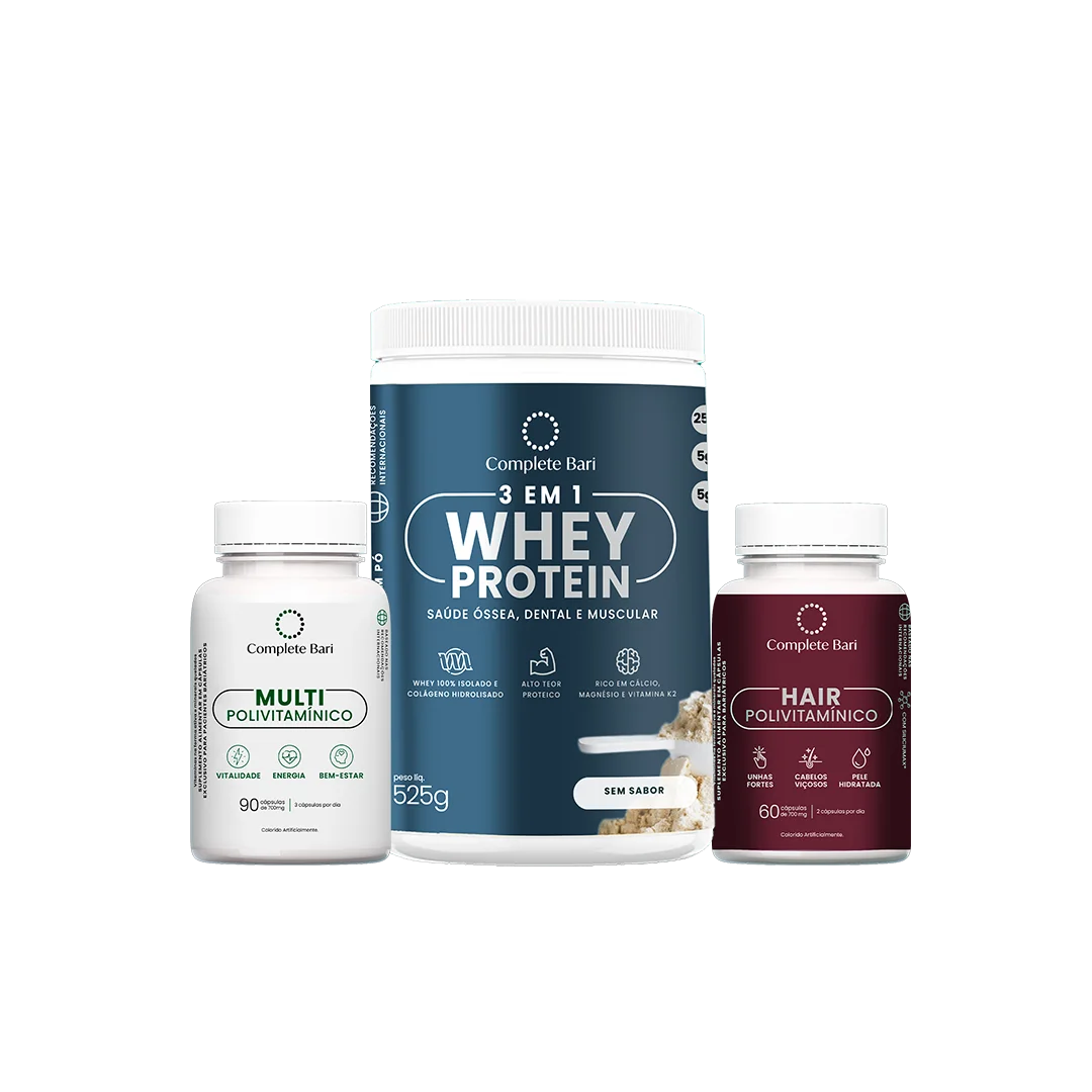 Kit 1 Multi + 1 Polivitaminico Cabelos e Unhas + 1 Whey Isolado Neutro Complete Bari