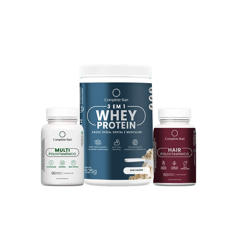 Kit Multivitamínico + Polivitamínico Cabelo e Unhas + Whey Protein Neutro