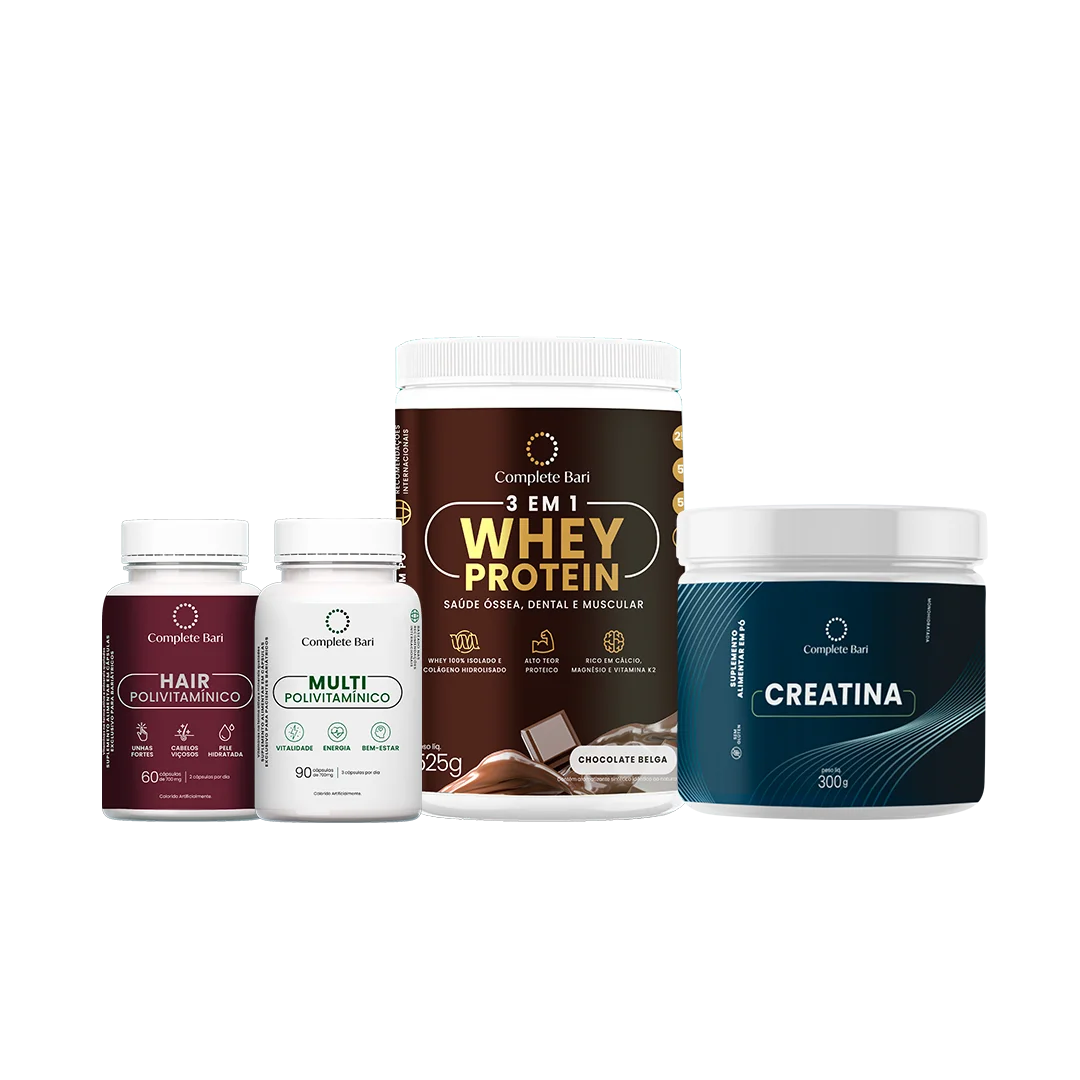 Kit 1 Multi + 1 Polivitaminico Cabelos e Unhas + 1 Whey Isolado Chocolate Belga + 1 Creatina Complete Bari