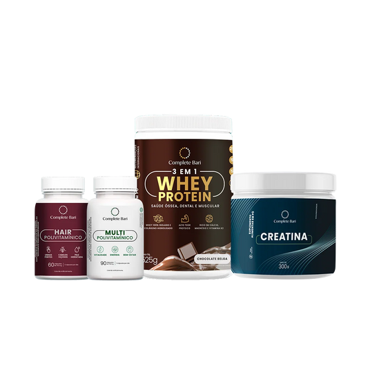 Kit 1 Multi + 1 Polivitaminico Cabelos e Unhas + 1 Whey Isolado Chocolate Belga + 1 Creatina Complete Bari