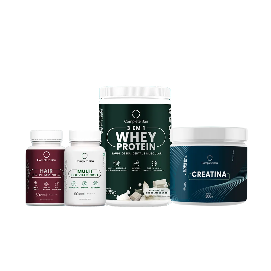 Kit 1 Multi + 1 Polivitaminico Cabelos e Unhas + 1 Whey Isolado Baunilha com Chocolate + 1 Creatina Complete Bari