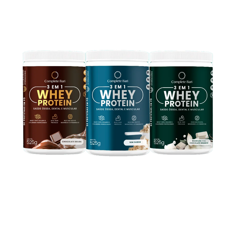 Kit Whey Chocolate Belga + Whey Baunilha com Chocolate Branco + Whey Neutro
