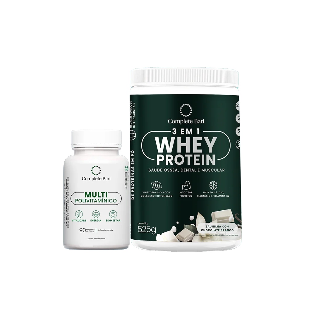 Kit Multivitamínico + Whey Protein Baunilha com Chocolate Branco + Brinde