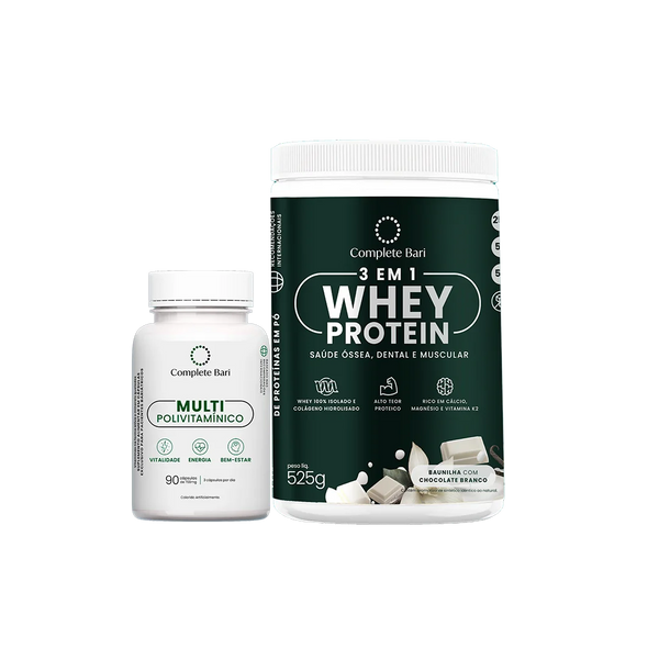 Kit Multivitamínico + Whey Protein Baunilha com Chocolate Branco + Brinde