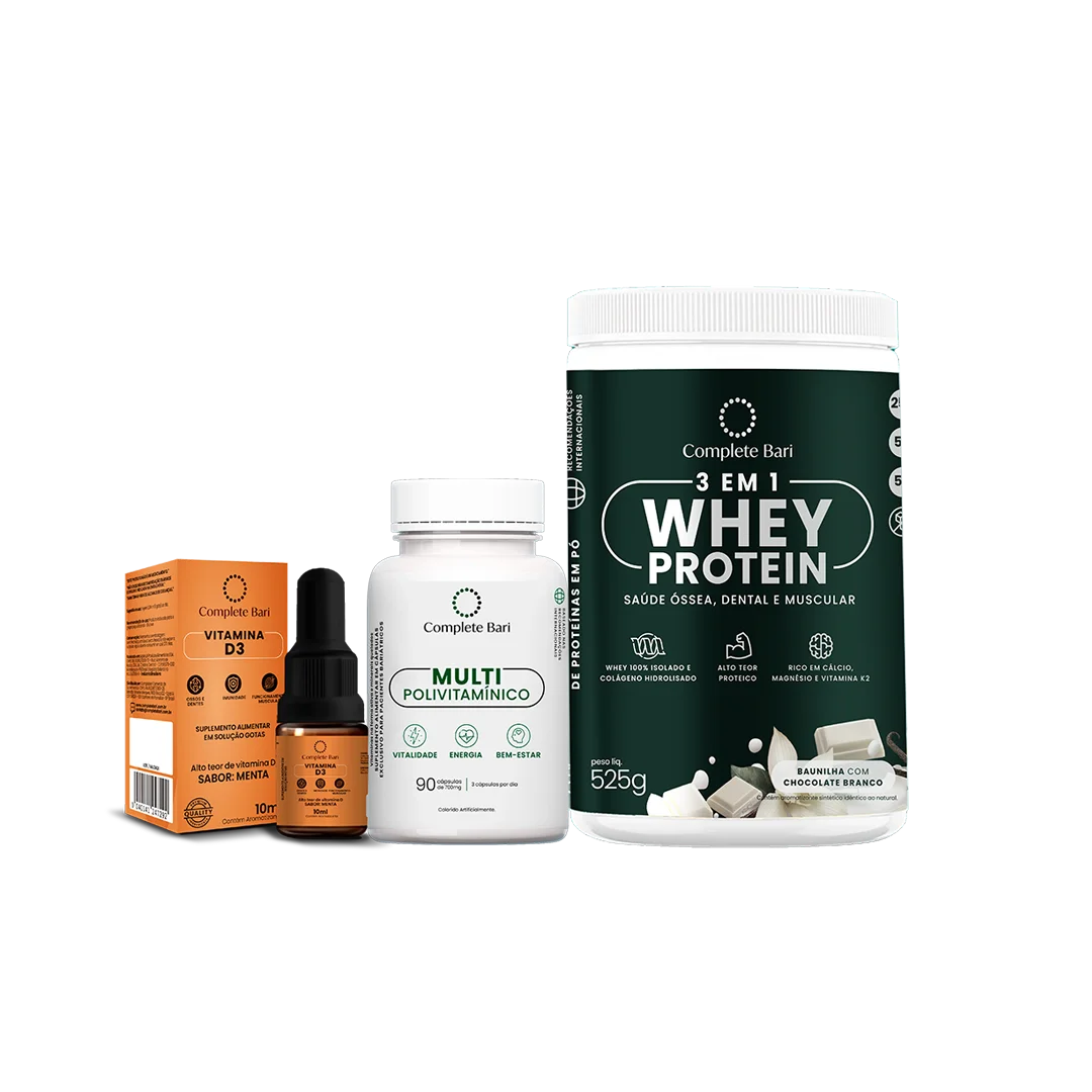 Kit 1 Multi + 1 Whey Isolado Baunilha com Chocolate + 1 Vitamina D3 Complete Bari