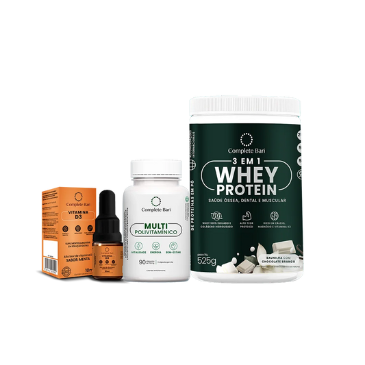Kit 1 Multi + 1 Whey Isolado Baunilha com Chocolate + 1 Vitamina D3 Complete Bari