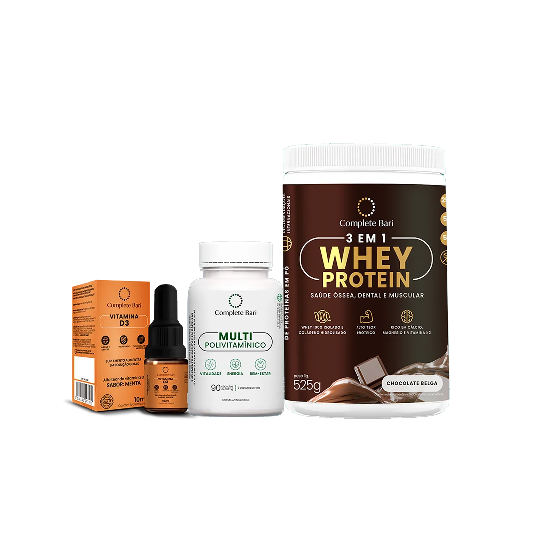 Kit 1 Multi + 1 Whey Isolado Chocolate Belga + 1 Vitamina D3 Complete Bari
