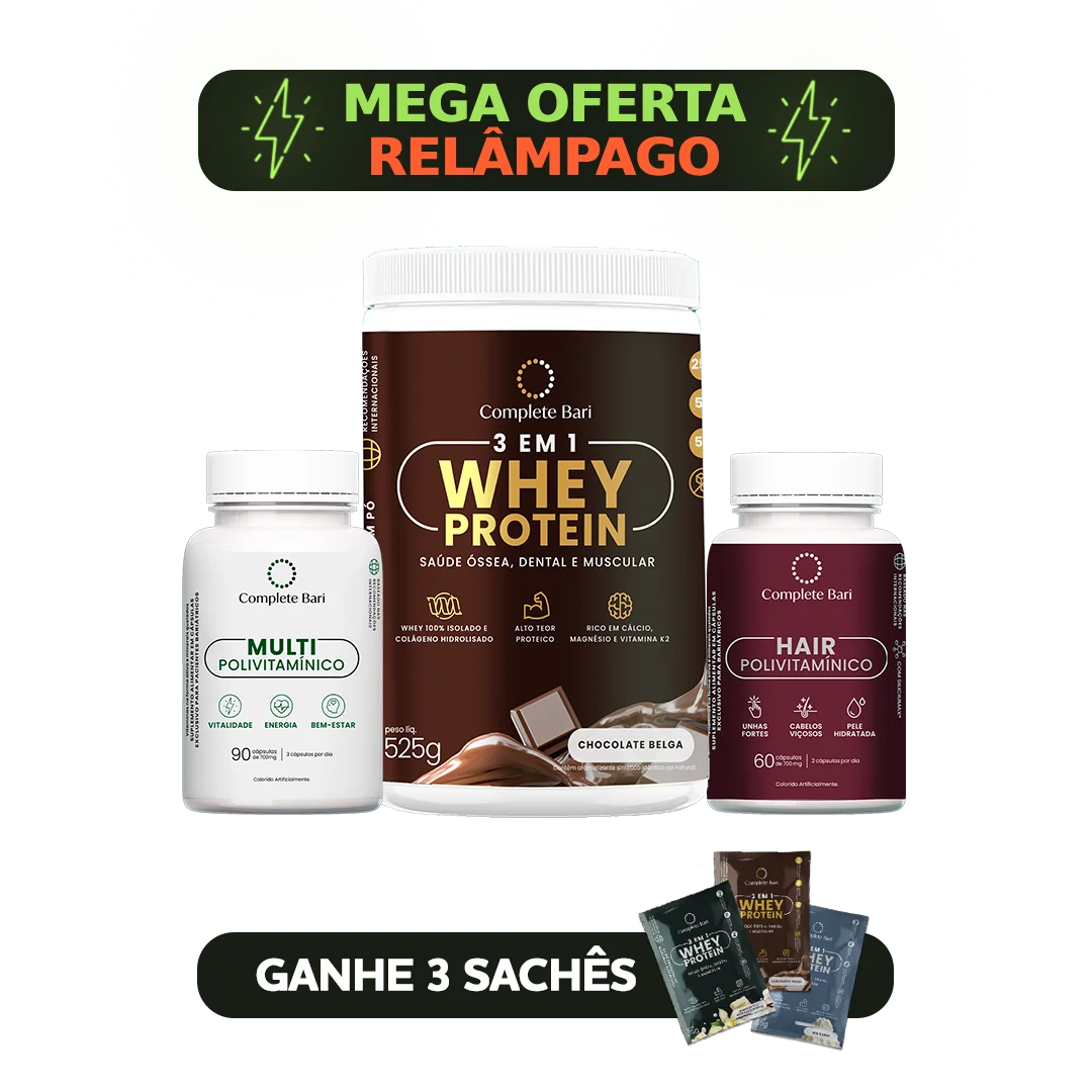 Kit 1 Multi + 1 Polivitaminico Cabelos e Unhas + 1 Whey Isolado Chocolate Belga Complete Bari