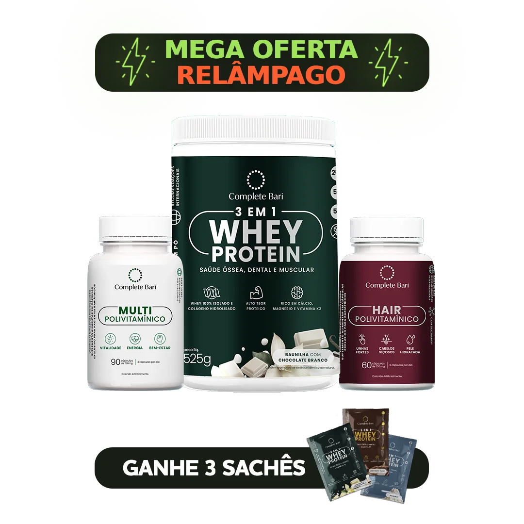 Kit 1 Multi + 1 Polivitaminico Cabelos e Unhas + 1 Whey Isolado Baunilha com Chocolate Complete Bari