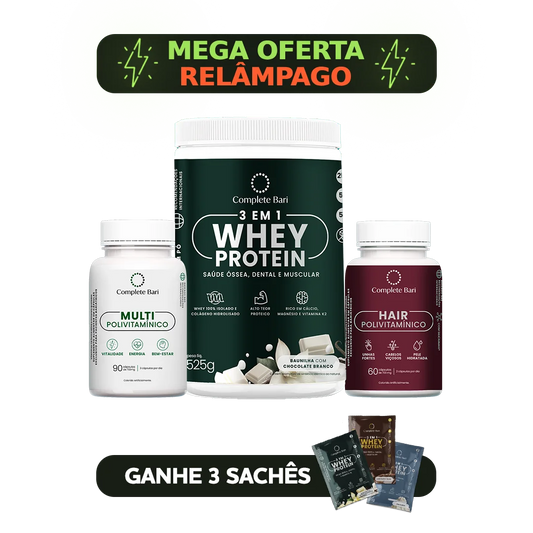 Kit 1 Multi + 1 Polivitaminico Cabelos e Unhas + 1 Whey Isolado Baunilha com Chocolate Complete Bari