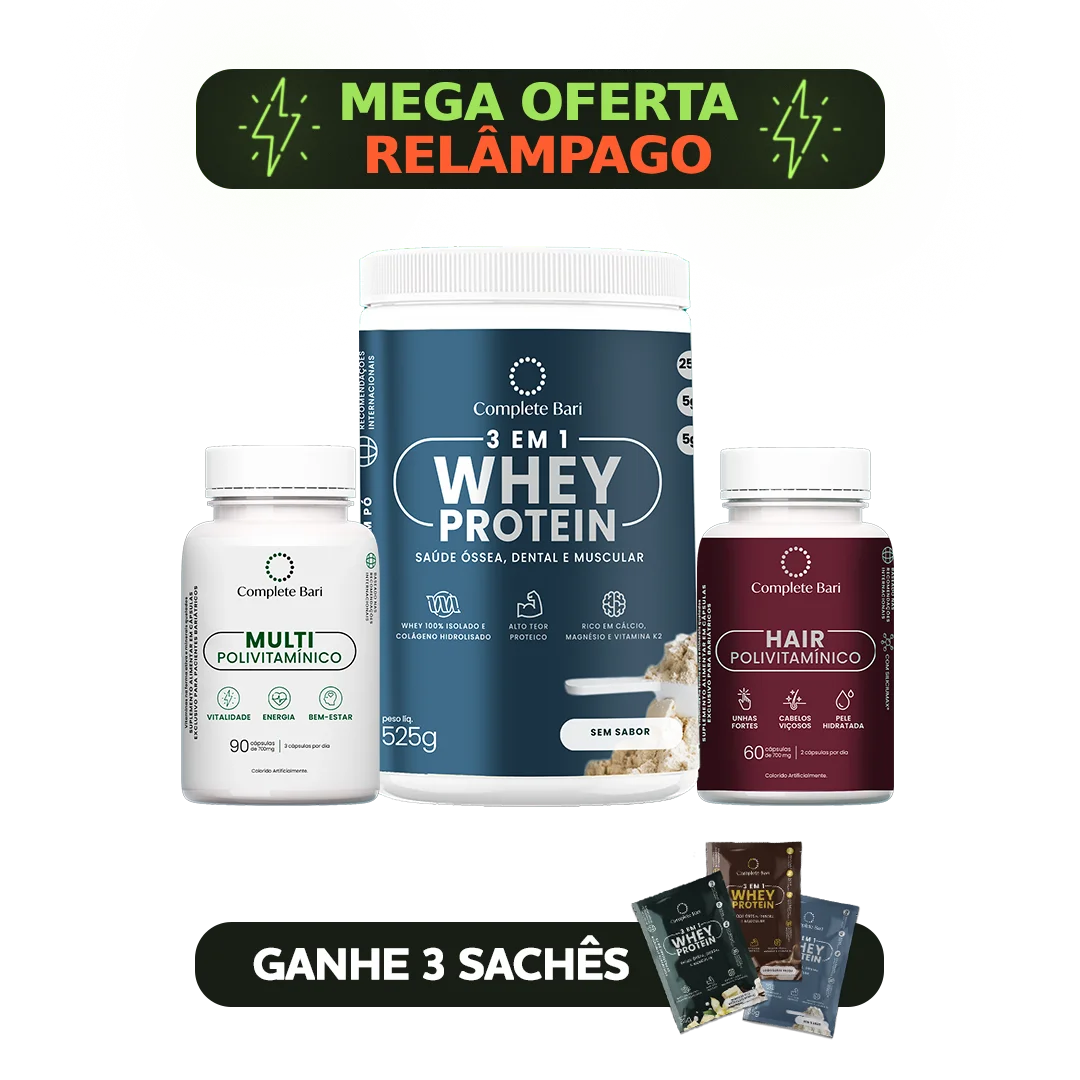 Kit 1 Multi + 1 Polivitaminico Cabelos e Unhas + 1 Whey Isolado Neutro Complete Bari