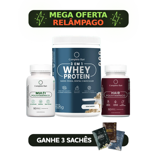 Kit 1 Multi + 1 Polivitaminico Cabelos e Unhas + 1 Whey Isolado Neutro Complete Bari