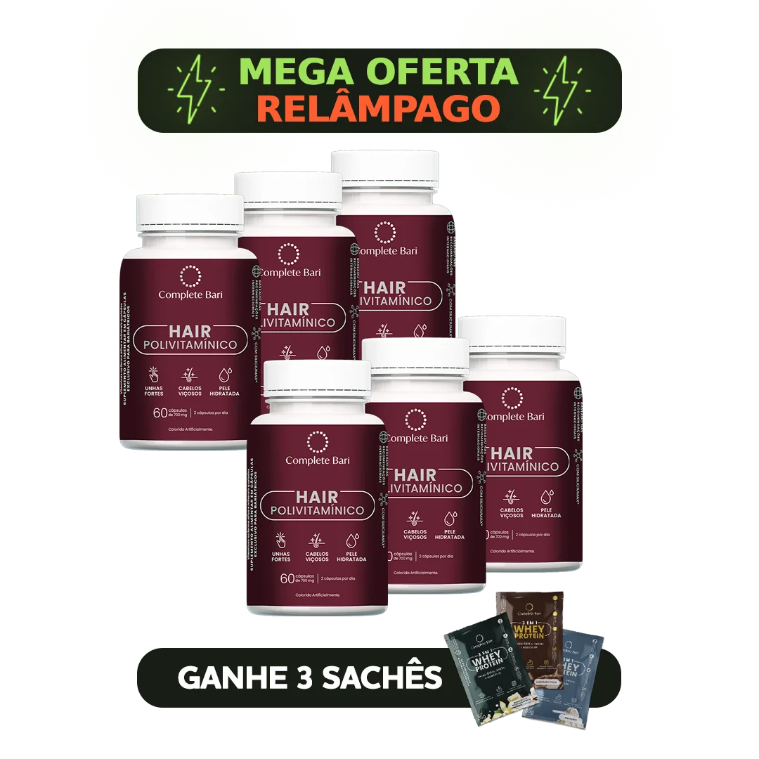 Kit 6 Polivitaminico Cabelos e Unhas Complete Bari Hair - Vitamina para 6 meses