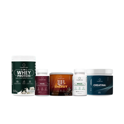 Kit 1 Multi + 1 Polivitaminico Cabelos e Unhas + 1 Whey Isolado Baunilha com Chocolate + 1 Lib Energy + 1 Creatina Complete Bari