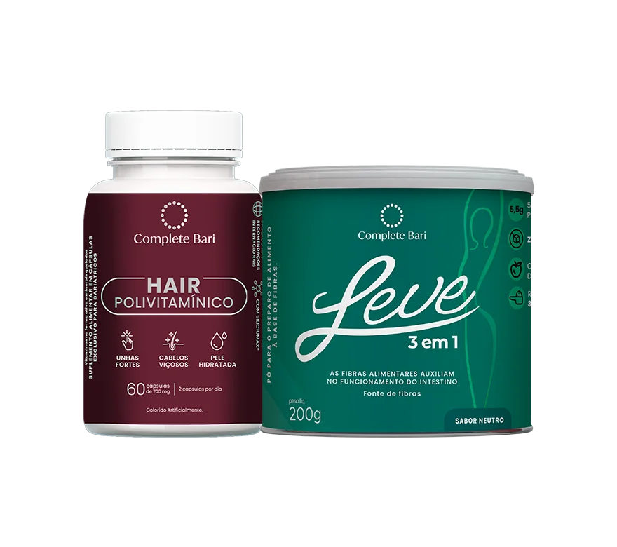 Kit 1 LEVE 3 em 1® Contra Reganho de Peso + 1 Polivitaminico Cabelos e Unhas Complete Bari