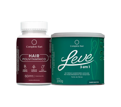 Kit 1 LEVE 3 em 1® Contra Reganho de Peso + 1 Polivitaminico Cabelos e Unhas Complete Bari