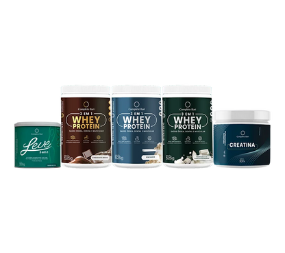 Kit 1 LEVE 3 em 1® Contra Reganho de Peso  + 1 Whey Isolado Chocolate Belga + 1 Whey Isolado Baunilha com Chocolate + 1 Whey Isolado Neutro + 1 Creatina Complete Bari