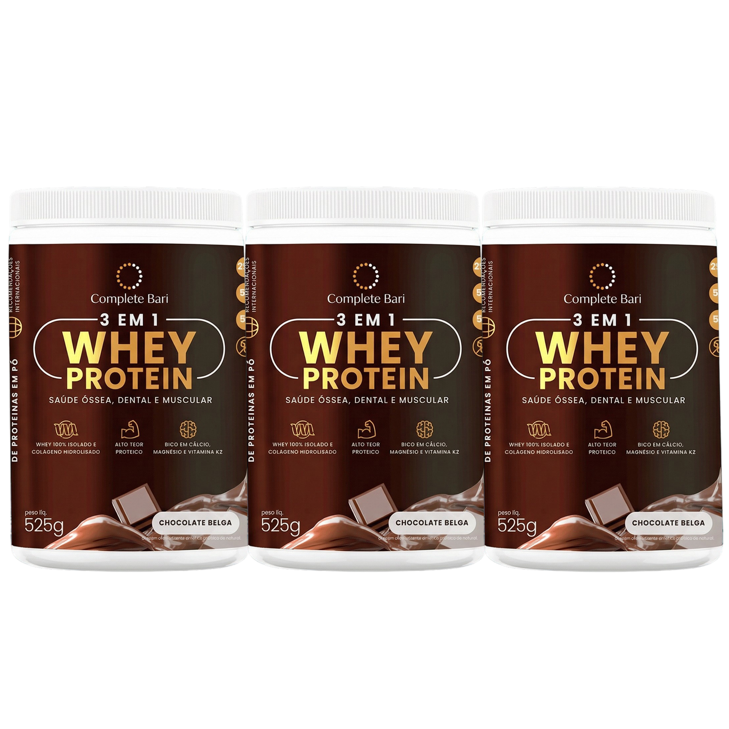 Kit Whey Protein Ação 3 em 1 Chocolate Belga