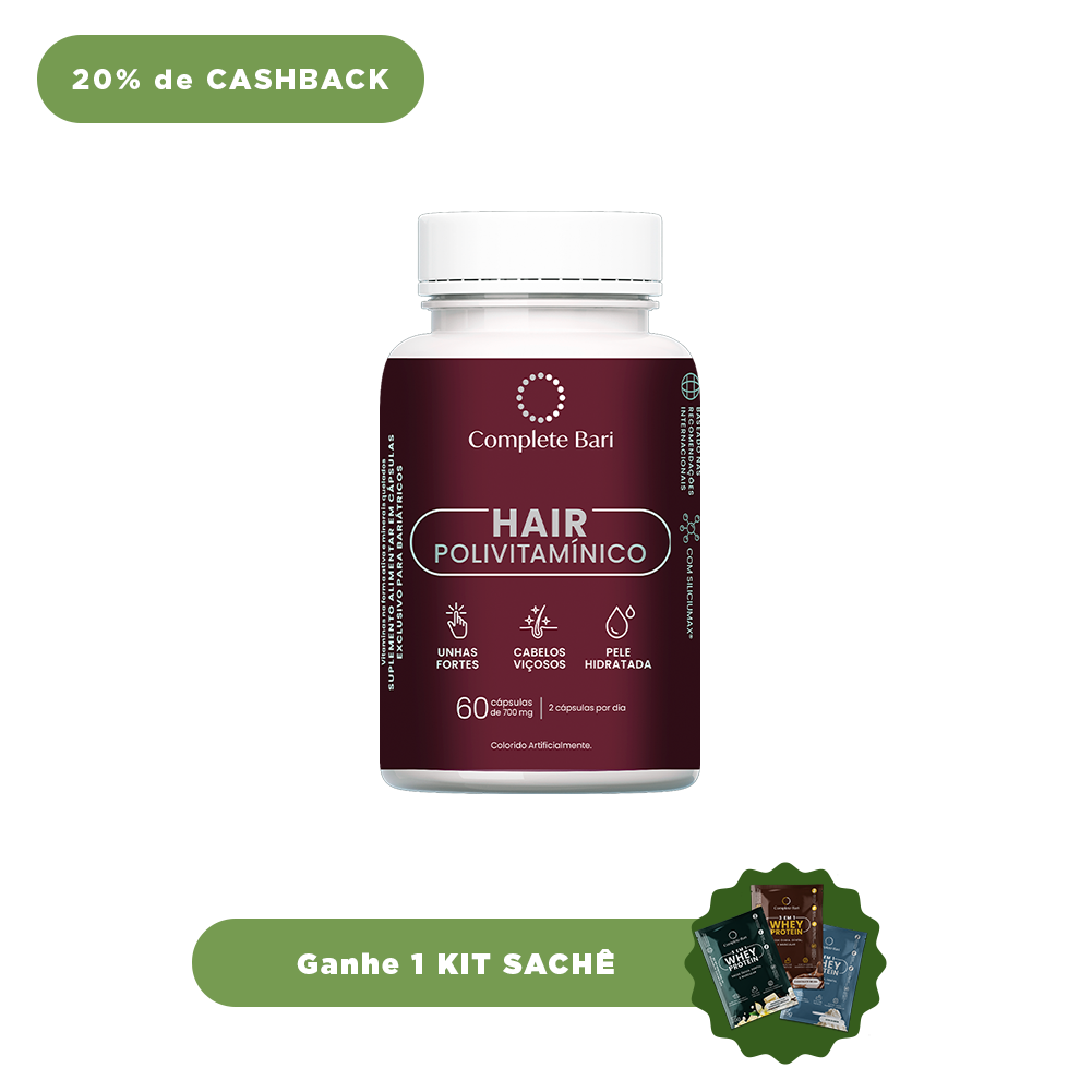 Polivitamínico Cabelos e Unhas Complete Bari Hair - Ganhe 1 Kit Sache Whey Protein