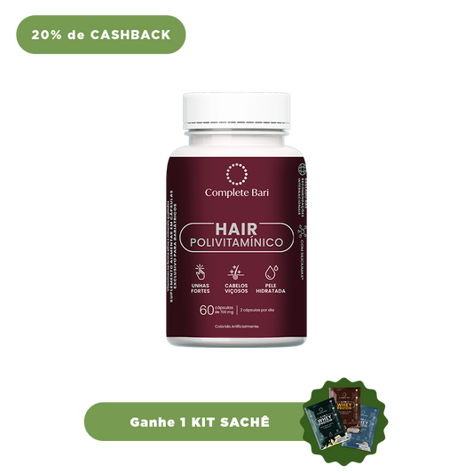 Polivitamínico Cabelos e Unhas Complete Bari Hair - Ganhe 1 Kit Sache Whey Protein