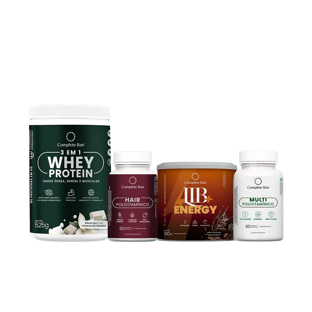 Kit 1 Multi + 1 Polivitaminico Cabelos e Unhas + 1 Whey Isolado Baunilha com Chocolate + 1 Lib Energy Complete Bari