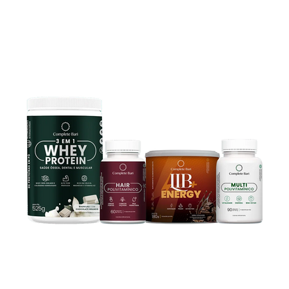 Kit 1 Multi + 1 Polivitaminico Cabelos e Unhas + 1 Whey Isolado Baunilha com Chocolate + 1 Lib Energy Complete Bari