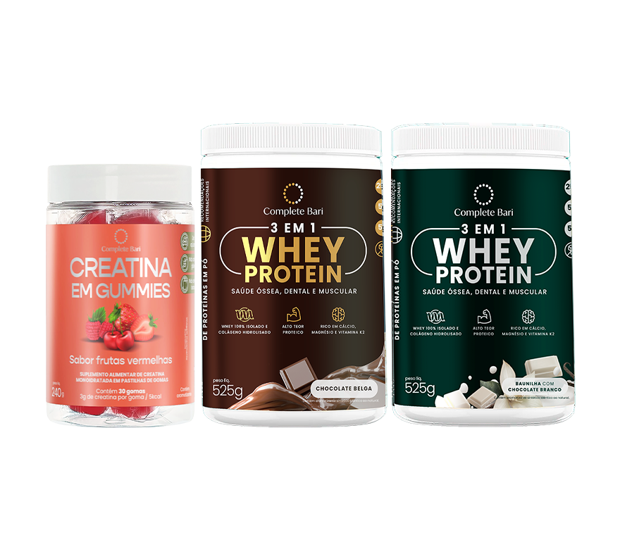 Kit Creatina em Gummies Frutas Vermelhas + 1 Whey Isolado Chocolate Belga + 1 Whey Isolado Baunilha com Chocolate