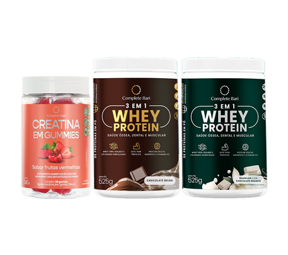 Kit Creatina em Gummies Frutas Vermelhas + 1 Whey Isolado Chocolate Belga + 1 Whey Isolado Baunilha com Chocolate