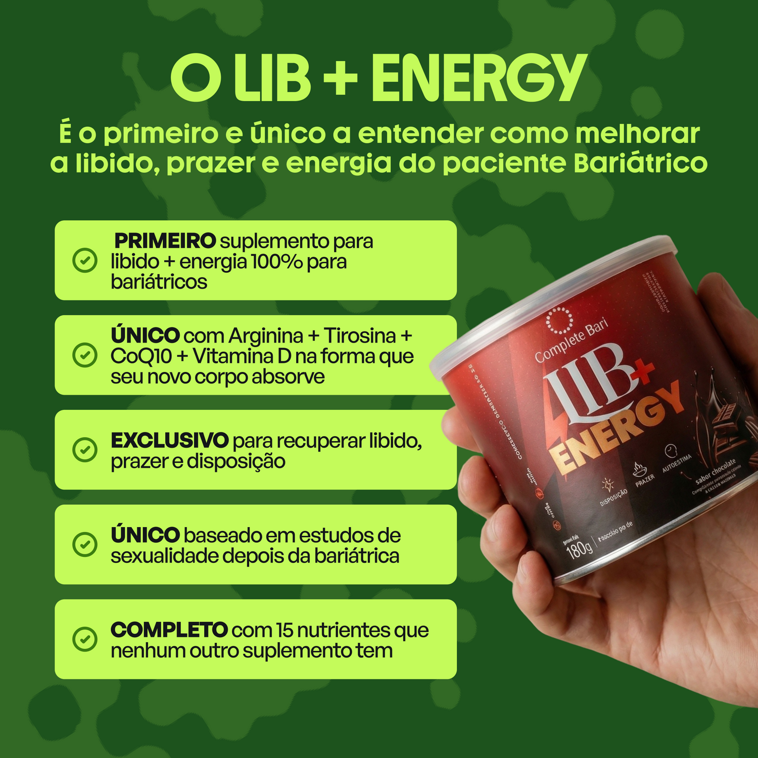 Lib + Energy Sabor Chocolate 180g Complete Bari - Tirosina Arginina CQ10.