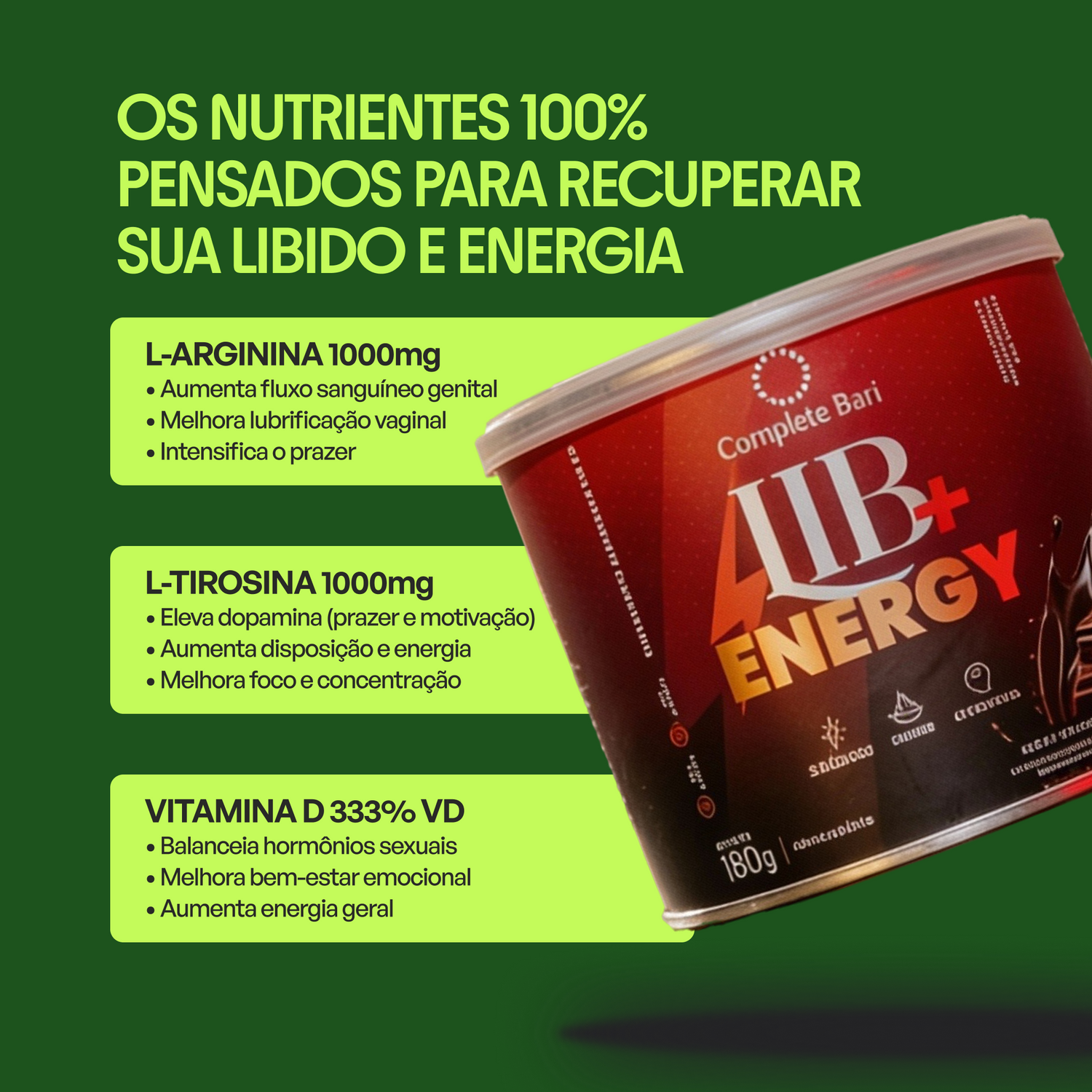 Lib + Energy Sabor Chocolate 180g Complete Bari - Tirosina Arginina CQ10.