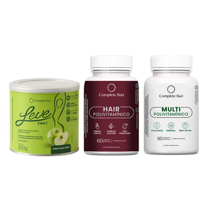 Kit Leve Maçã - Ação 3 em 1 + Multivitamínico + Polivitamínico Cabelo e Unhas