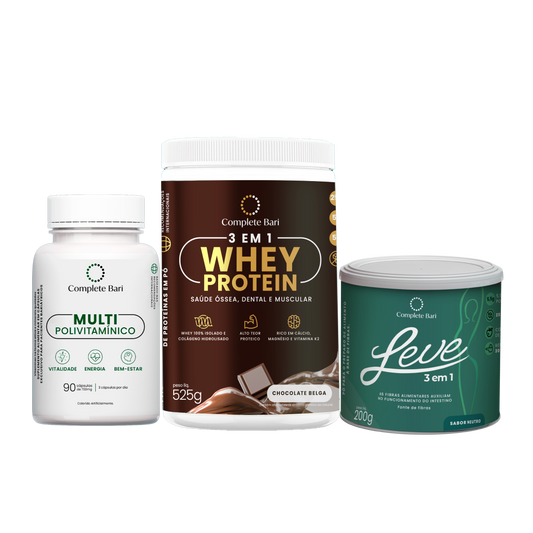 Kit Multivitamínico + 1 Whey Protein Chocolate Belga + Leve - Ação 3 em 1