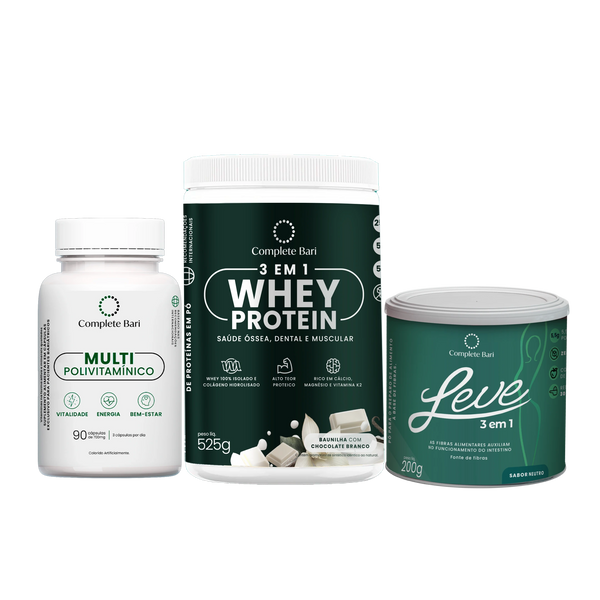 Kit Multivitamínico + Whey Protein Baunilha com Chocolate Branco + Leve Neutro - Ação 3 em 1