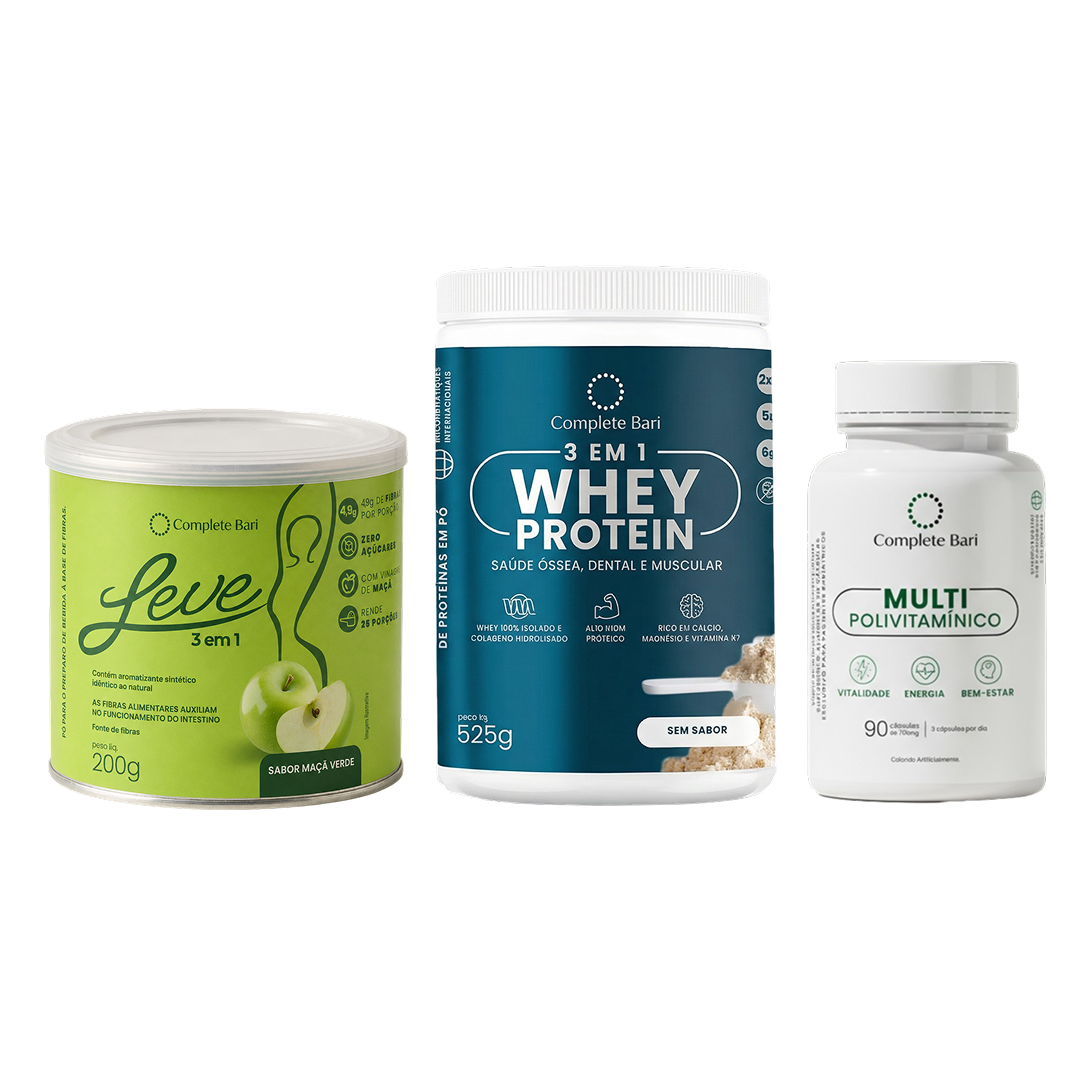 Kit Leve Maçã - Ação 3 em 1 + Multivitamínico + Whey Protein Neutro