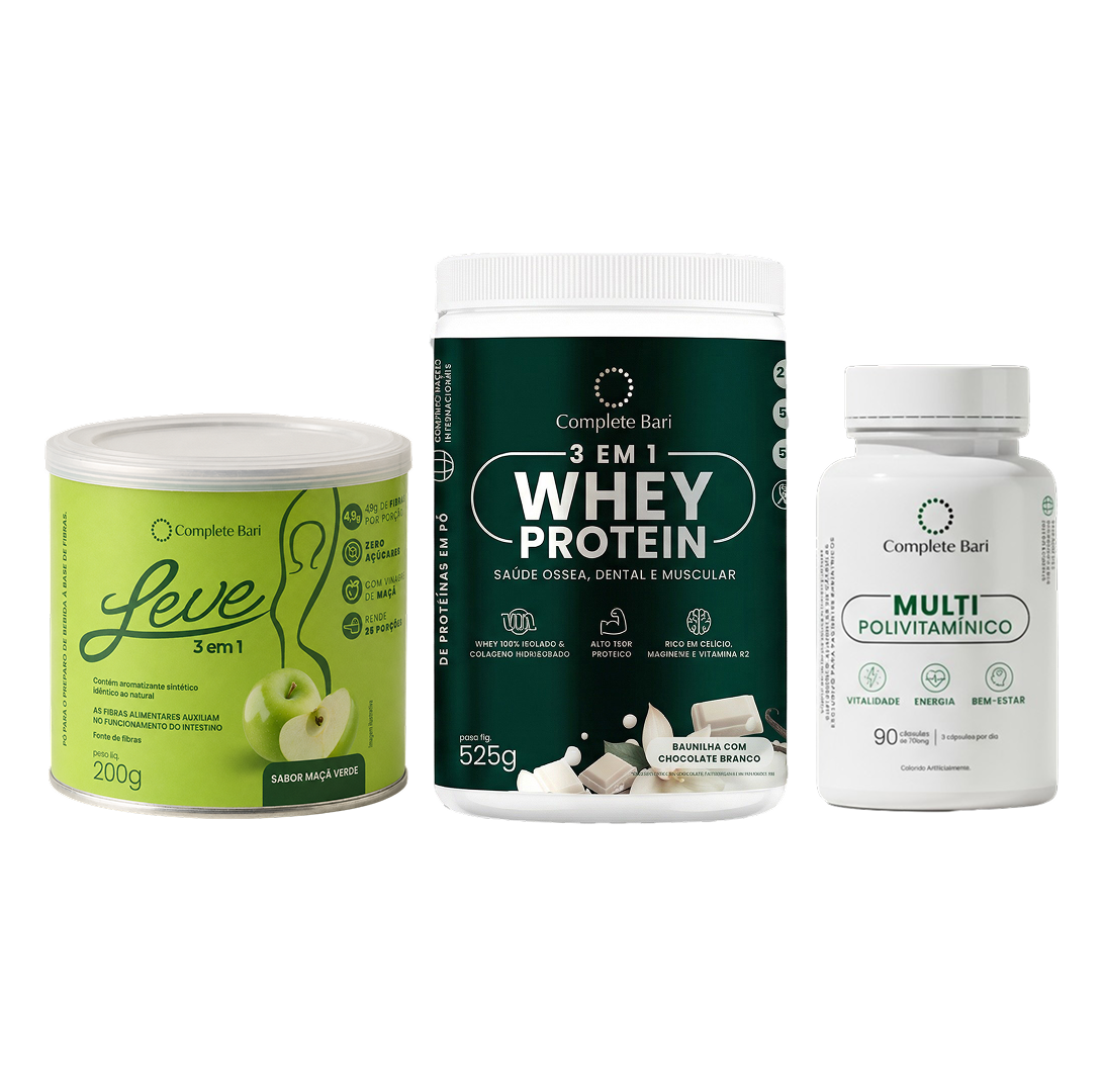 Kit Leve Maçã - Ação 3 em 1 + Multivitamínico + Whey Protein Baunilha com Chocolate Branco