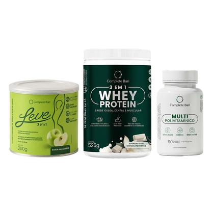 Kit Leve Maçã - Ação 3 em 1 + Multivitamínico + Whey Protein Baunilha com Chocolate Branco
