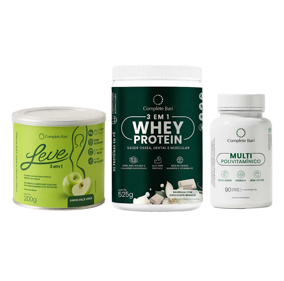 Kit Leve Maçã - Ação 3 em 1 + Multivitamínico + Whey Protein Baunilha com Chocolate Branco