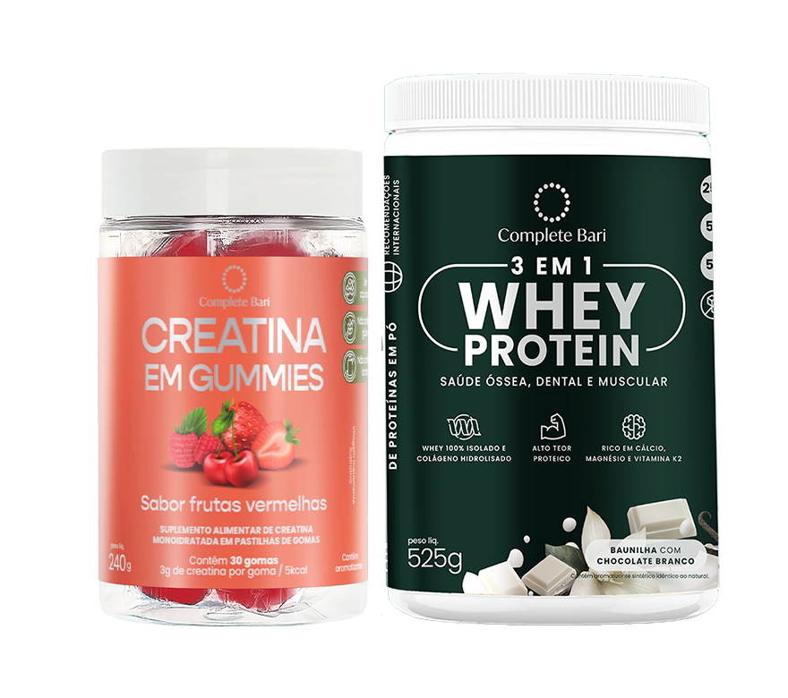 Kit Creatina em Gummies Frutas Vermelhas + 1 Whey Isolado Baunilha com Chocolate