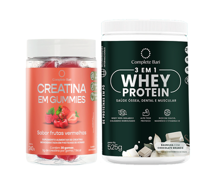 Kit Creatina em Gummies Frutas Vermelhas + 1 Whey Isolado Baunilha com Chocolate