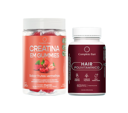 Kit Creatina em Gummies Frutas Vermelhas + 1 Polivitaminico Cabelos e Unhas