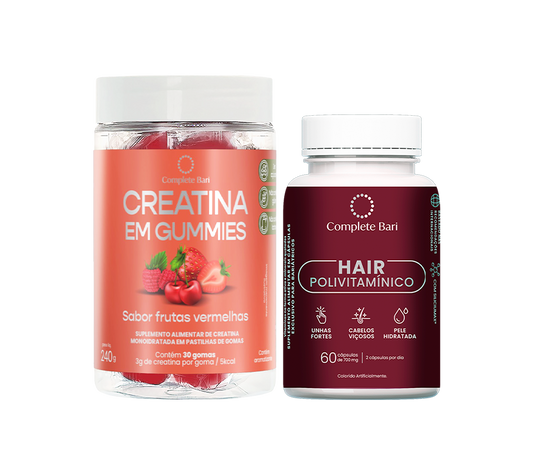 Kit Creatina em Gummies Frutas Vermelhas + 1 Polivitaminico Cabelos e Unhas