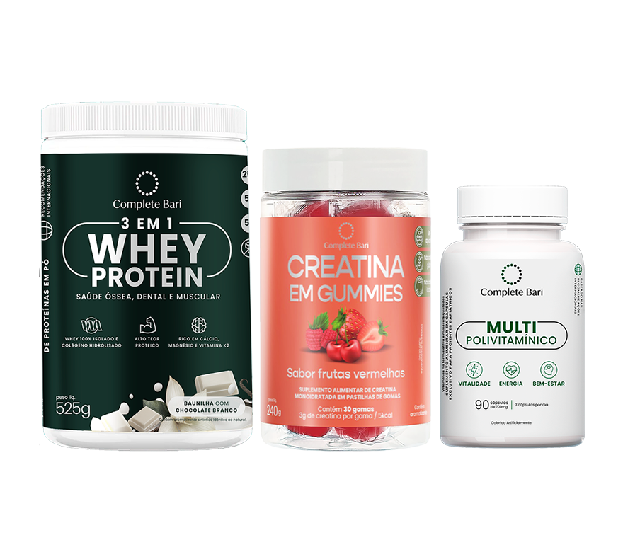 Kit Creatina em Gummies Frutas Vermelhas + 1 Multivitamínico + 1 Whey Isolado Baunilha com Chocolate