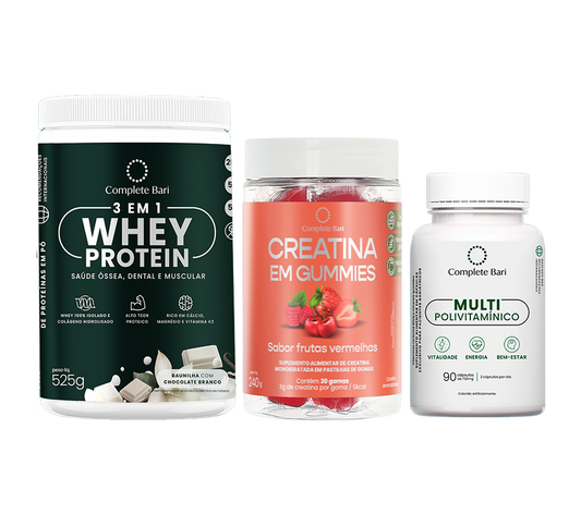 Kit Creatina em Gummies Frutas Vermelhas + 1 Multivitamínico + 1 Whey Isolado Baunilha com Chocolate